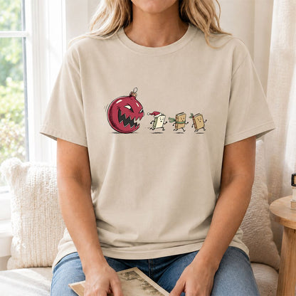 Christmas Book Chase Printed T-Shirt | Holiday Book Lover Gift Sand