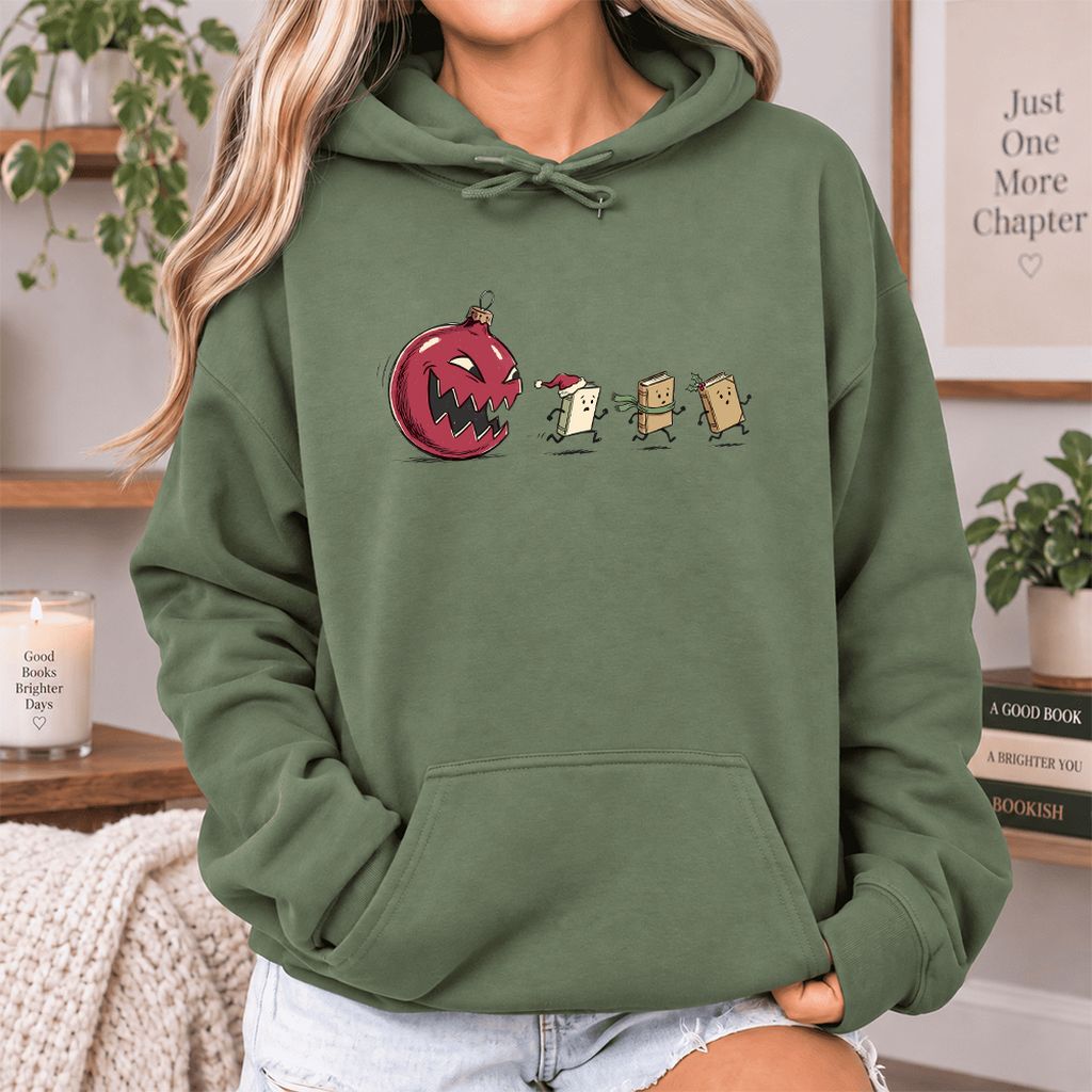 Christmas Book Chase Softstyle Hoodie | Holiday Book Lover Gift Military Green