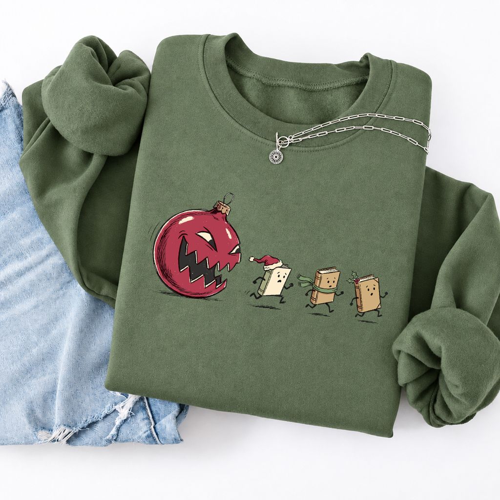 Christmas Book Chase Softstyle Sweatshirt | Holiday Book Lover Gift Military Green
