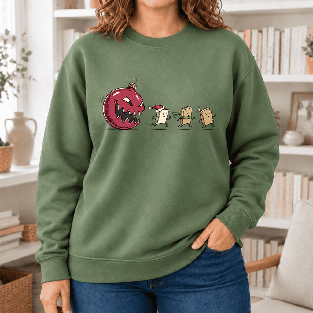 Christmas Book Chase Softstyle Sweatshirt | Holiday Book Lover Gift Military Green