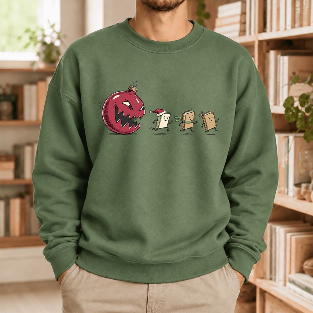Christmas Book Chase Softstyle Sweatshirt | Holiday Book Lover Gift Military Green