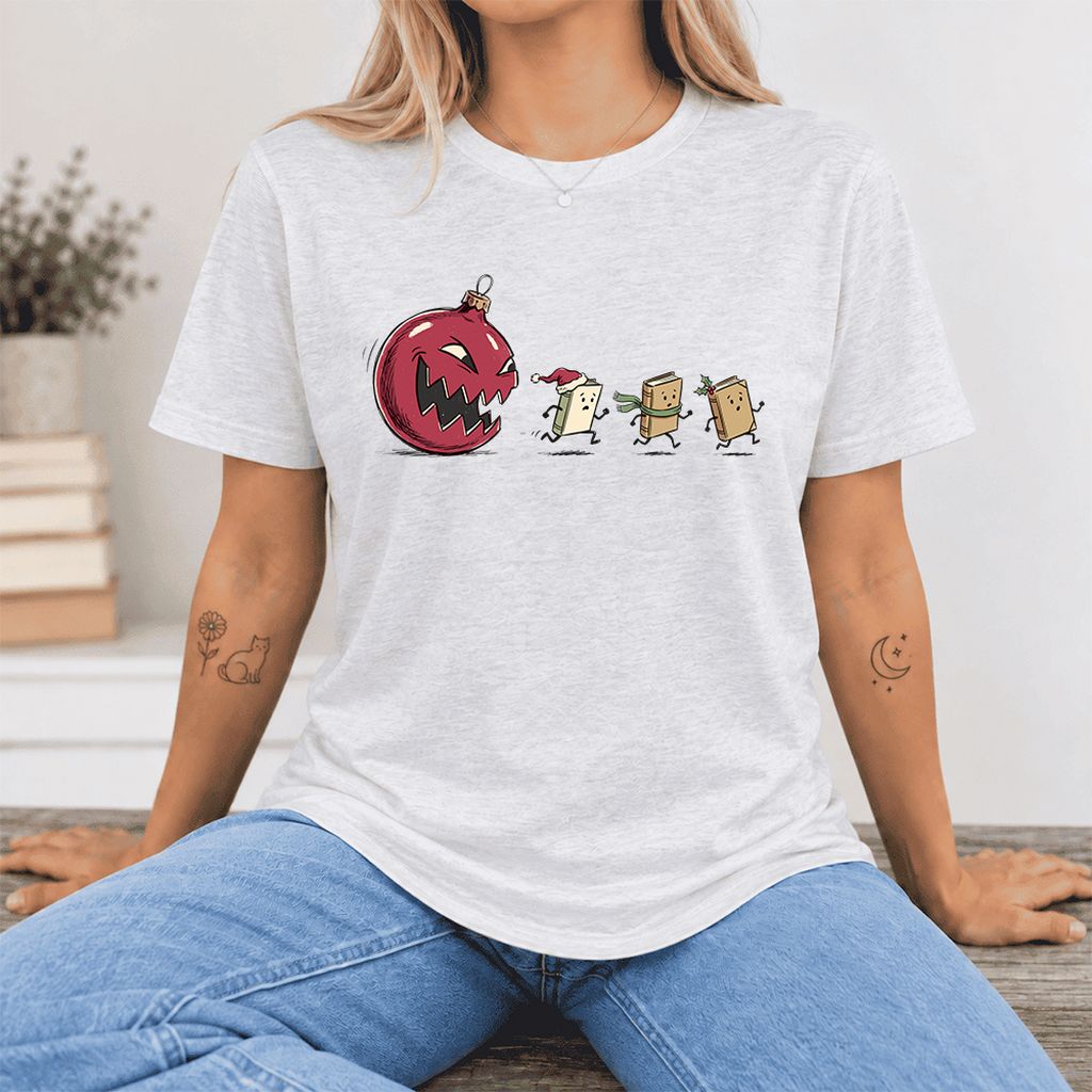 Christmas Book Chase Ultra-Soft Cotton T-Shirt | Holiday Book Lover Gift Ash