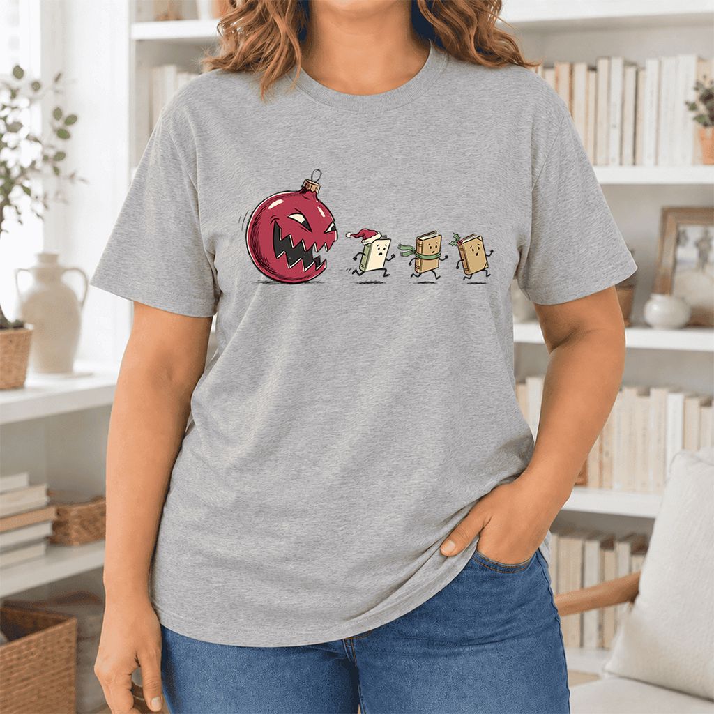 Christmas Book Chase Ultra-Soft Cotton T-Shirt | Holiday Book Lover Gift Athletic Heather