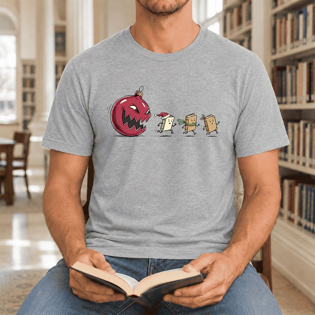 Christmas Book Chase Ultra-Soft Cotton T-Shirt | Holiday Book Lover Gift Athletic Heather
