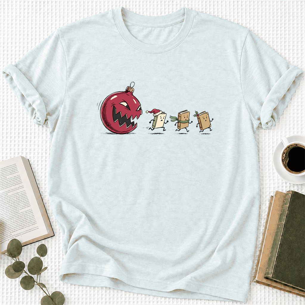 Christmas Book Chase Ultra-Soft Cotton T-Shirt | Holiday Book Lover Gift Heather Ice Blue
