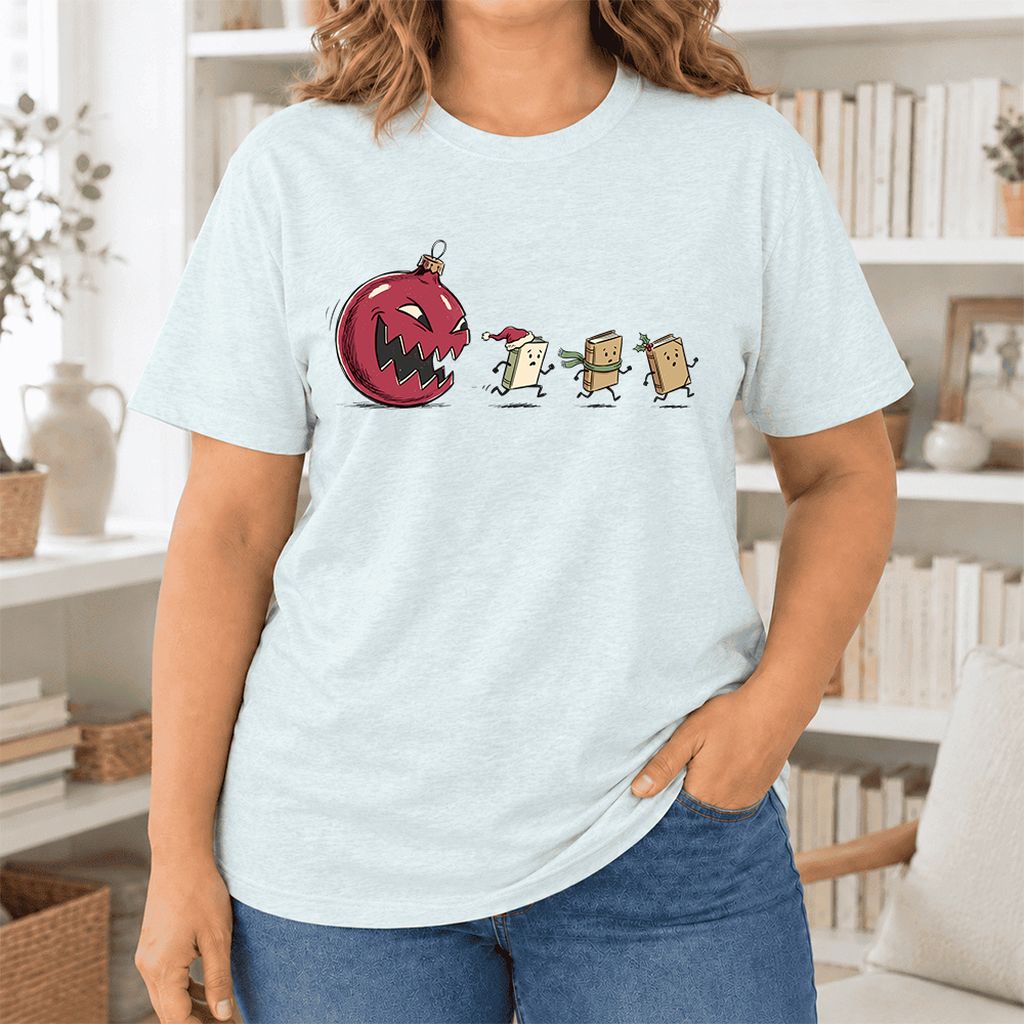 Christmas Book Chase Ultra-Soft Cotton T-Shirt | Holiday Book Lover Gift Heather Ice Blue