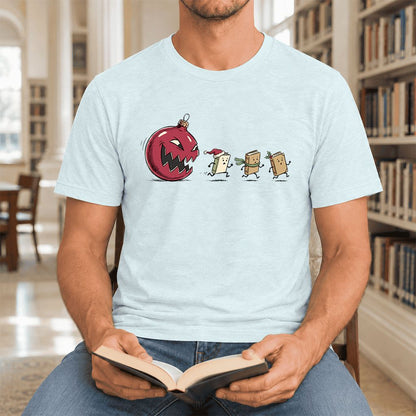 Christmas Book Chase Ultra-Soft Cotton T-Shirt | Holiday Book Lover Gift Heather Ice Blue