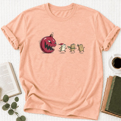 Christmas Book Chase Ultra-Soft Cotton T-Shirt | Holiday Book Lover Gift Heather Peach