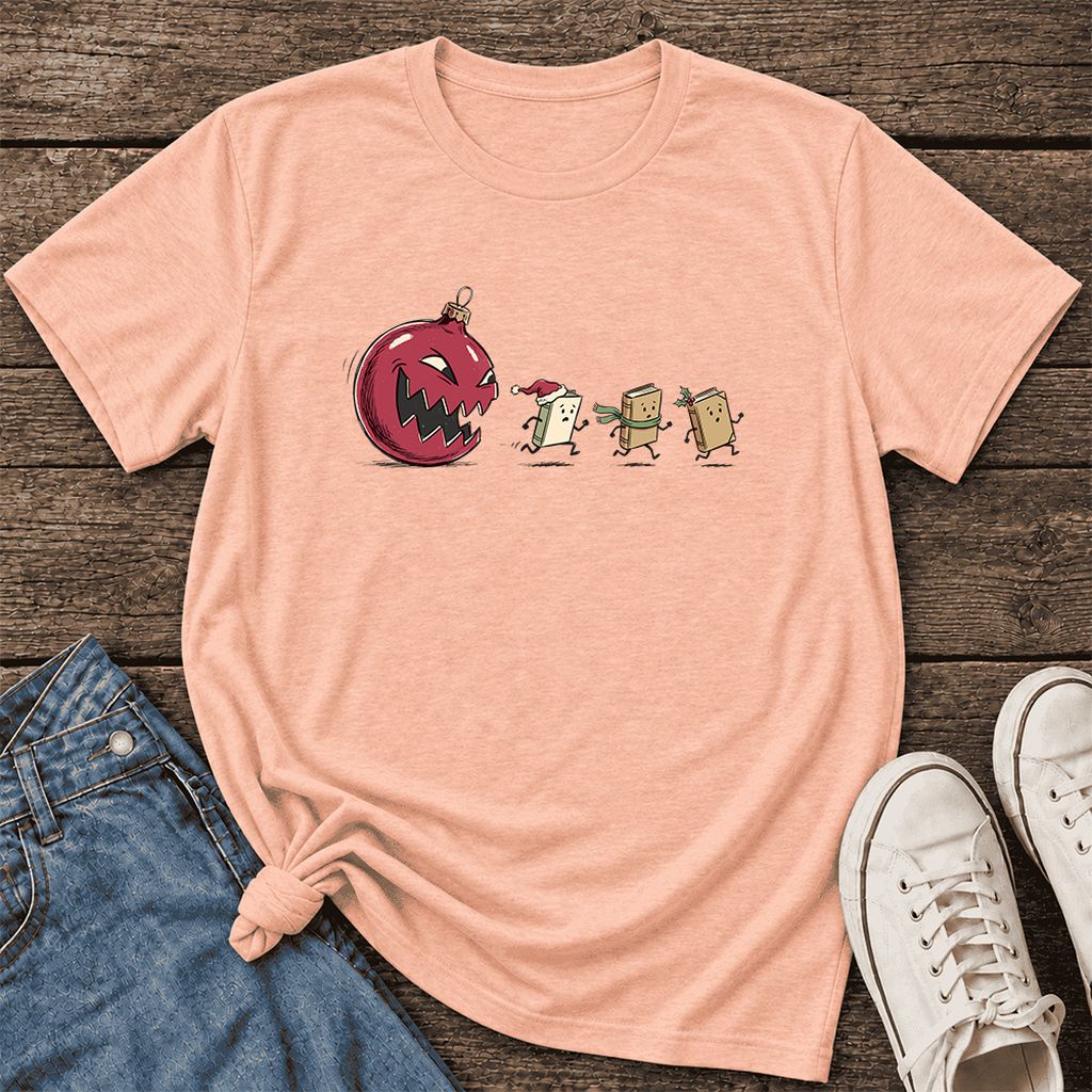 Christmas Book Chase Ultra-Soft Cotton T-Shirt | Holiday Book Lover Gift Heather Peach