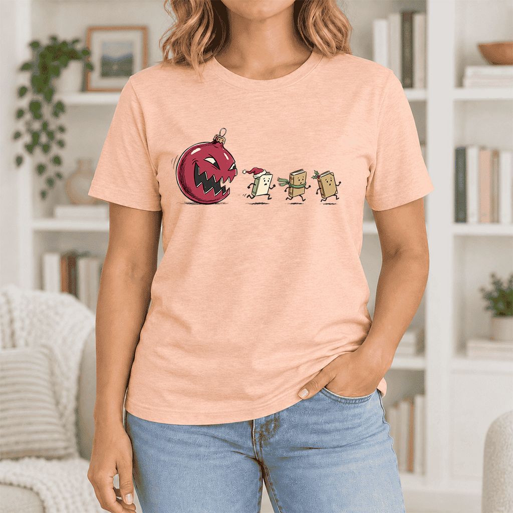 Christmas Book Chase Ultra-Soft Cotton T-Shirt | Holiday Book Lover Gift Heather Peach