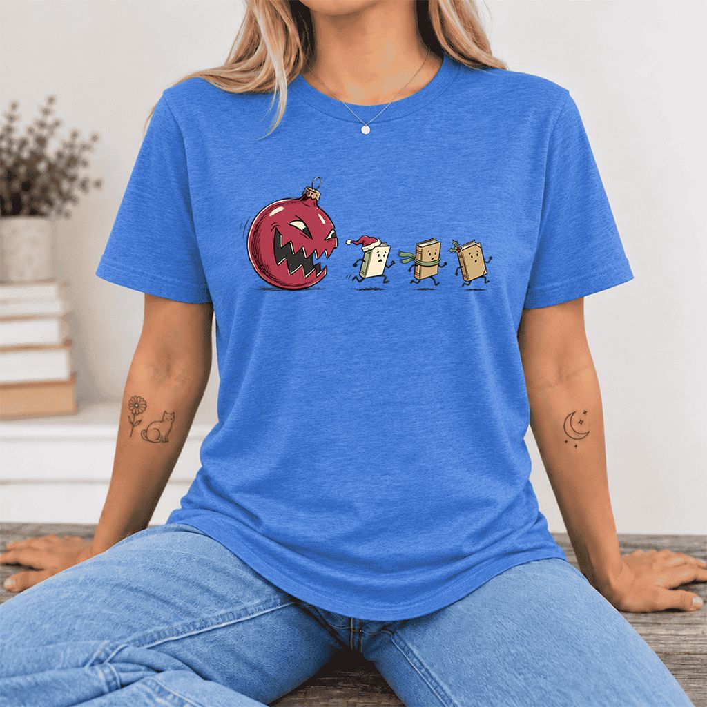 Christmas Book Chase Ultra-Soft Cotton T-Shirt | Holiday Book Lover Gift Heather True Royal