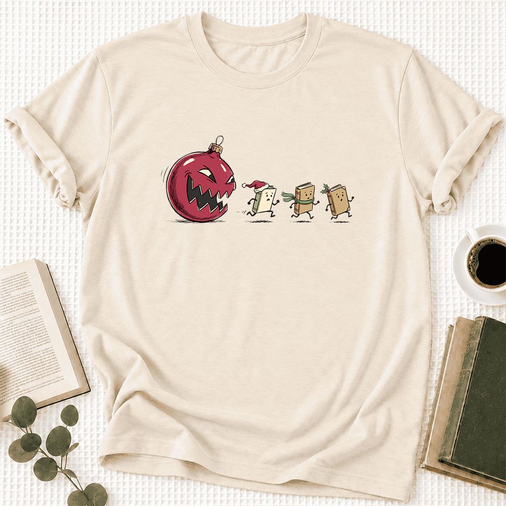 Christmas Book Chase Ultra-Soft Cotton T-Shirt | Holiday Book Lover Gift Natural