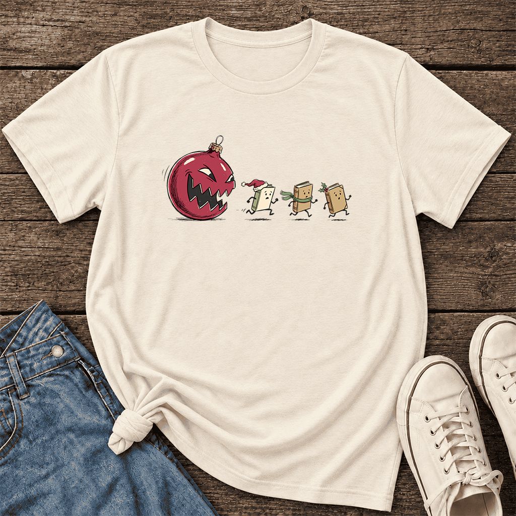 Christmas Book Chase Ultra-Soft Cotton T-Shirt | Holiday Book Lover Gift Natural