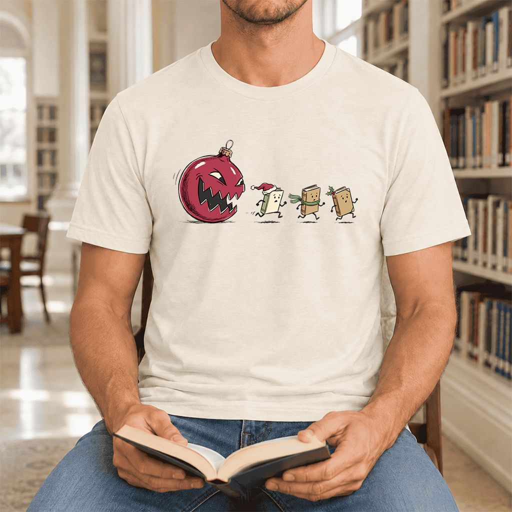 Christmas Book Chase Ultra-Soft Cotton T-Shirt | Holiday Book Lover Gift Natural