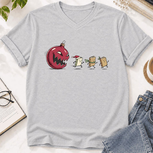 Christmas Book Chase Ultra-Soft V-Neck | Holiday Book Lover Gift Ash