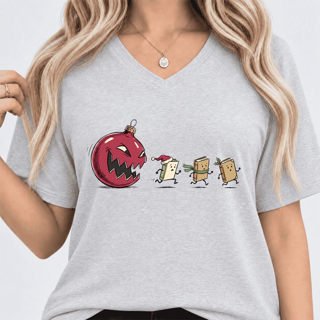 Christmas Book Chase Ultra-Soft V-Neck | Holiday Book Lover Gift Ash