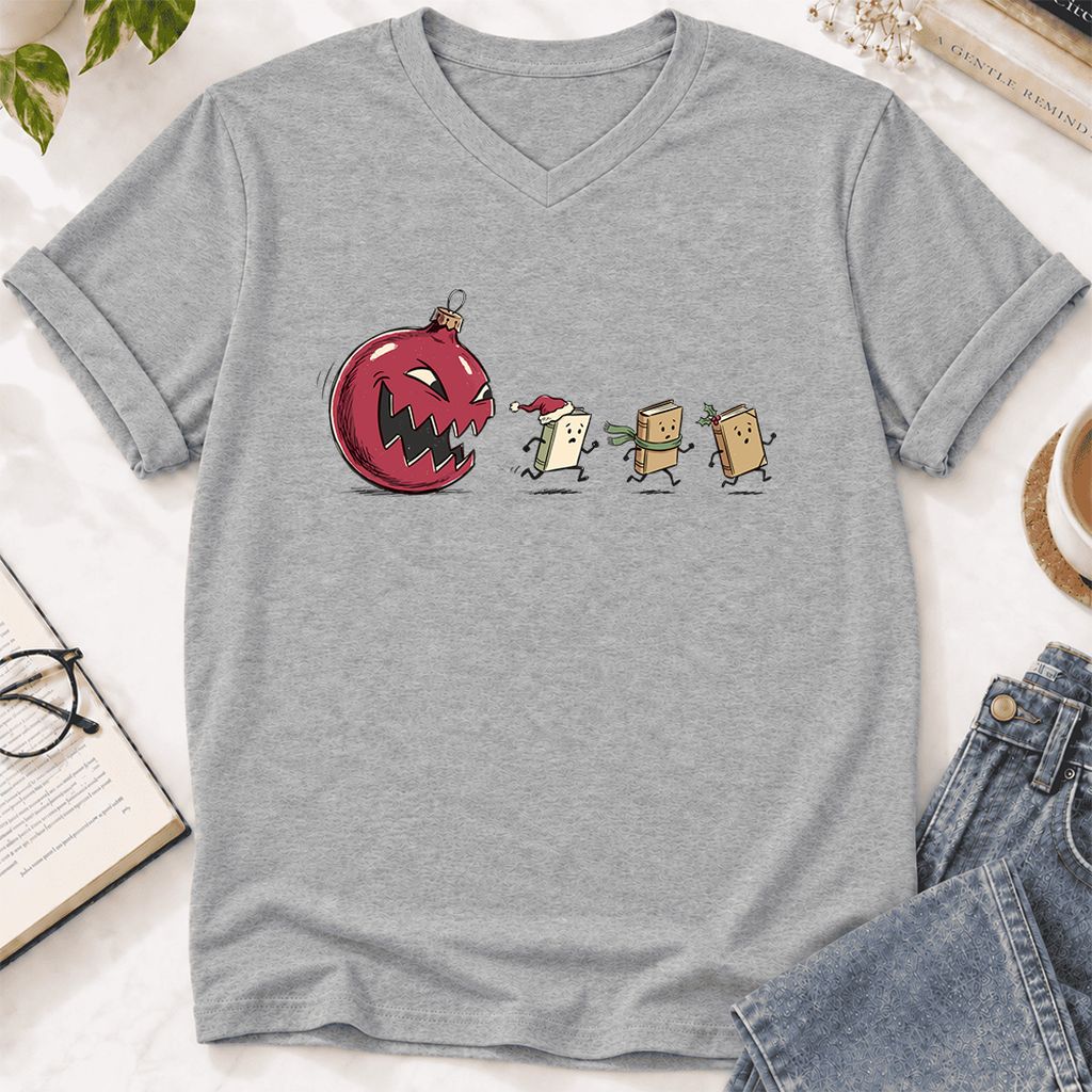 Christmas Book Chase Ultra-Soft V-Neck | Holiday Book Lover Gift Athletic Heather