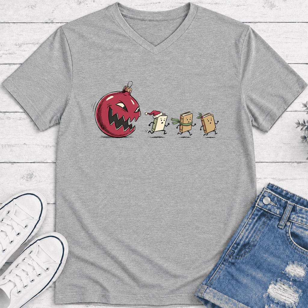 Christmas Book Chase Ultra-Soft V-Neck | Holiday Book Lover Gift Athletic Heather