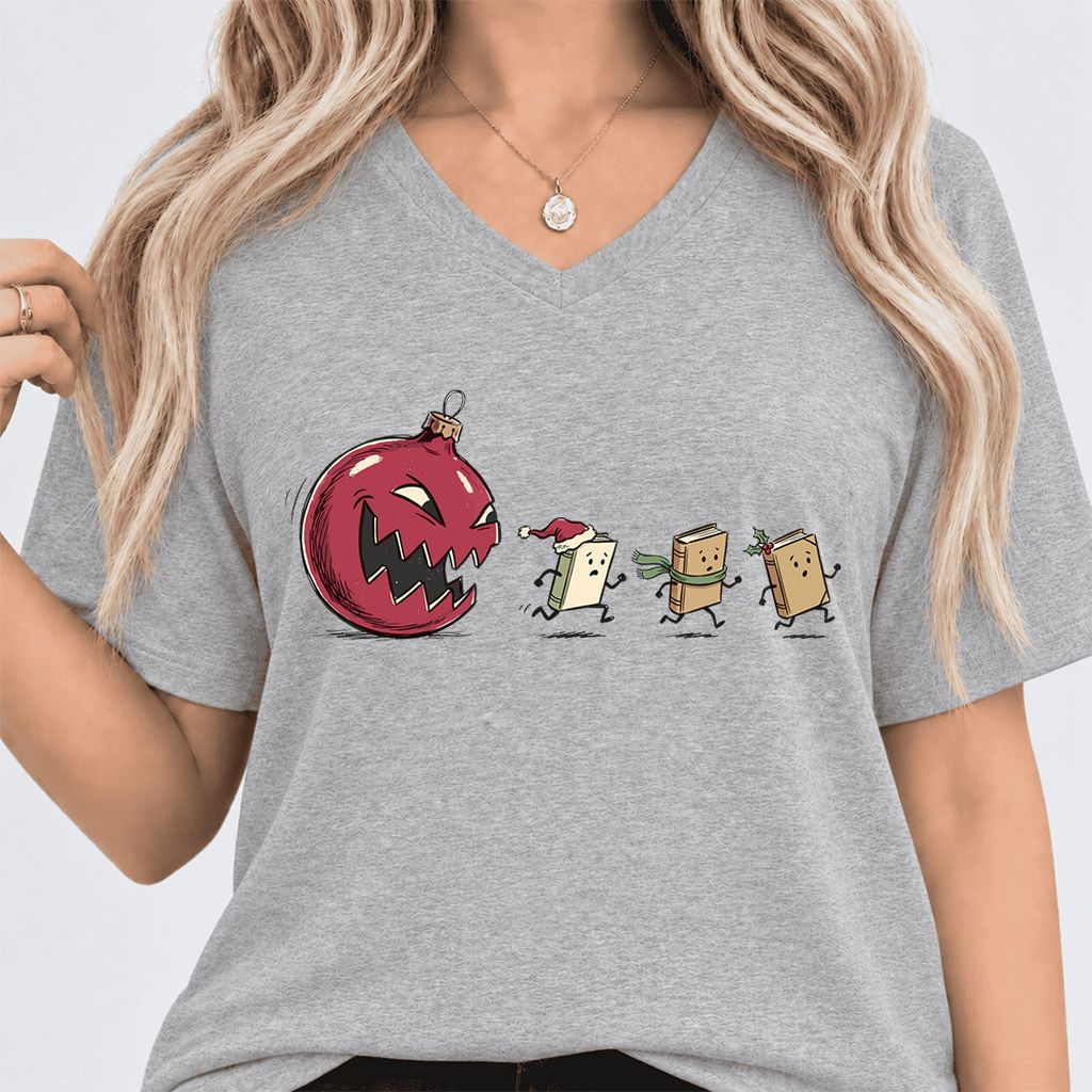 Christmas Book Chase Ultra-Soft V-Neck | Holiday Book Lover Gift Athletic Heather