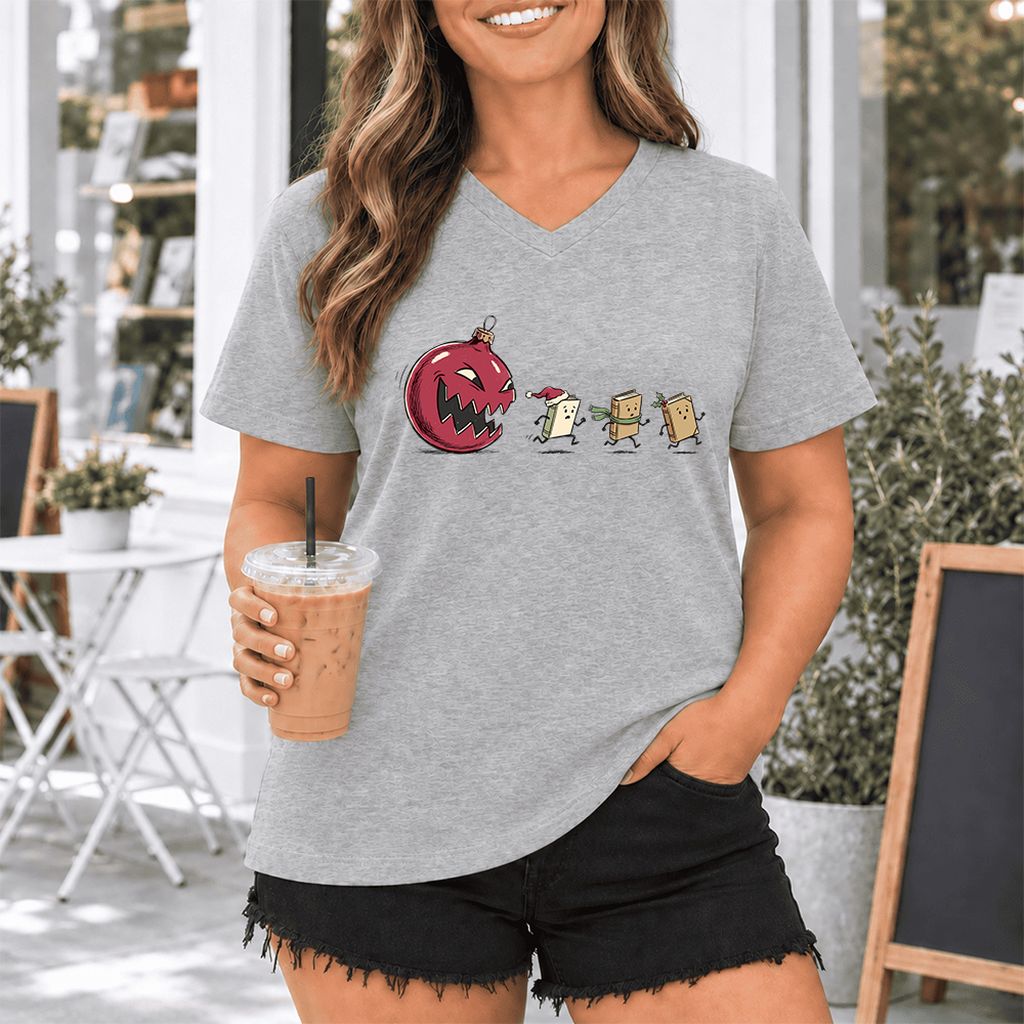 Christmas Book Chase Ultra-Soft V-Neck | Holiday Book Lover Gift Athletic Heather
