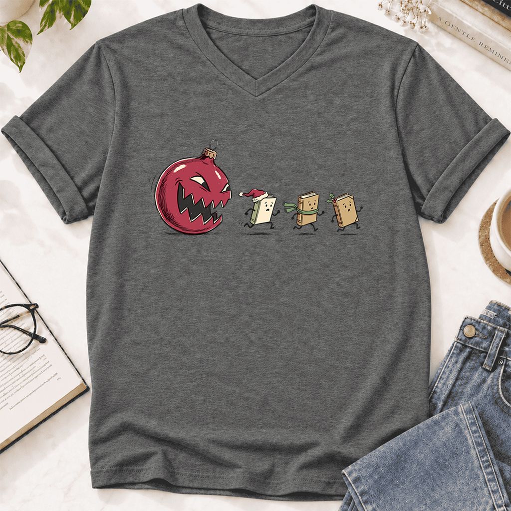 Christmas Book Chase Ultra-Soft V-Neck | Holiday Book Lover Gift Deep Heather
