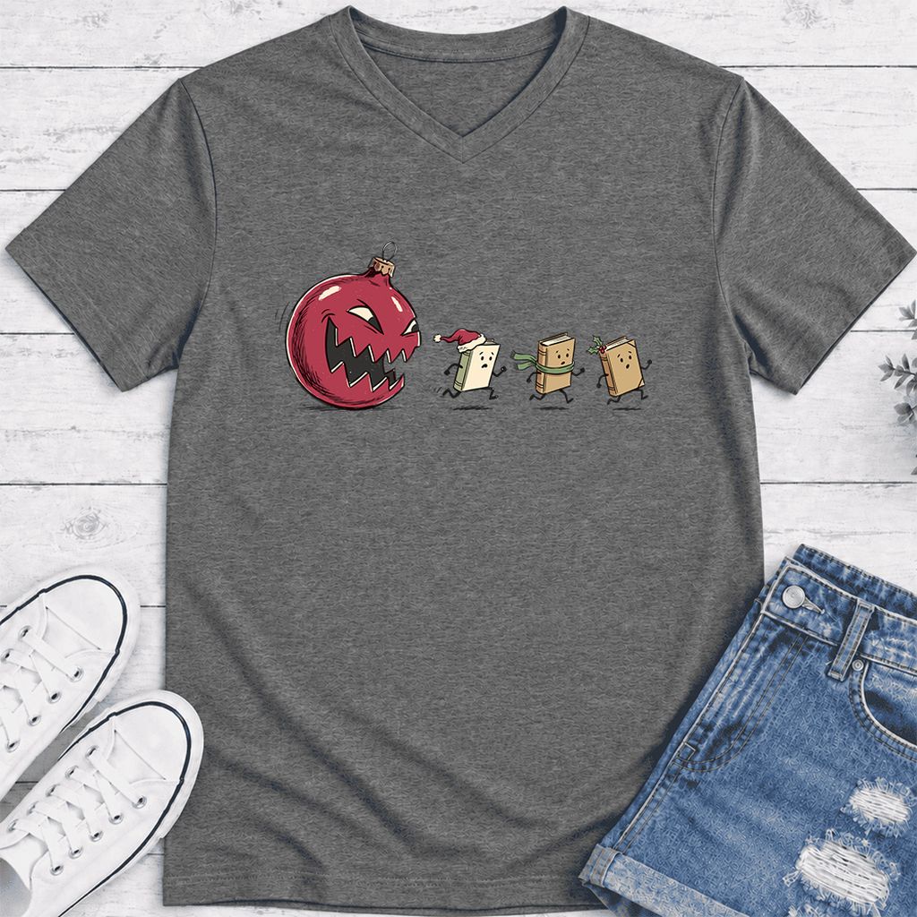 Christmas Book Chase Ultra-Soft V-Neck | Holiday Book Lover Gift Deep Heather