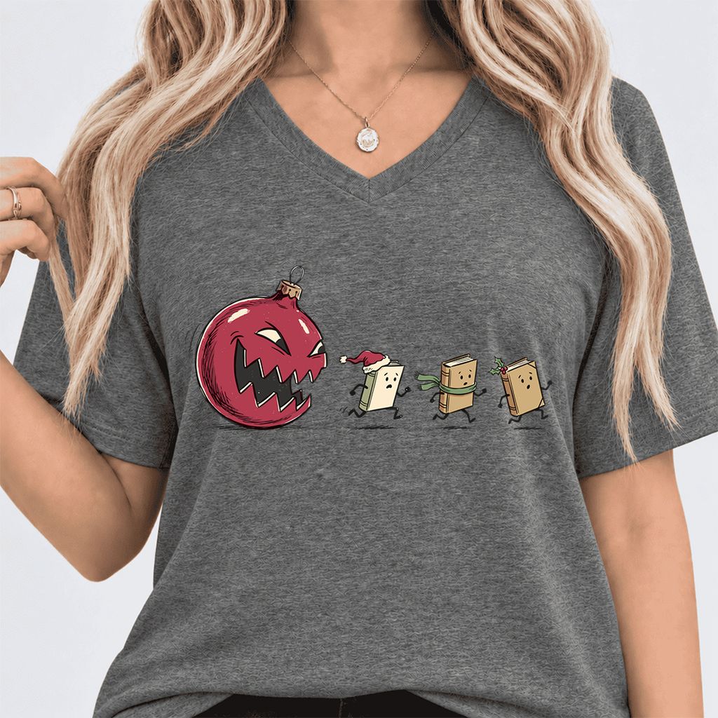 Christmas Book Chase Ultra-Soft V-Neck | Holiday Book Lover Gift Deep Heather
