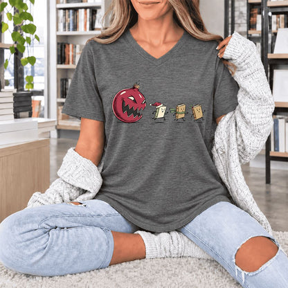 Christmas Book Chase Ultra-Soft V-Neck | Holiday Book Lover Gift Deep Heather