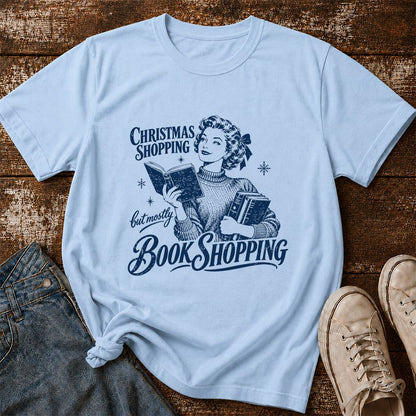 Christmas Shopping But Mostly Book Shopping Printed T-Shirt | Reader Gift Light Blue
