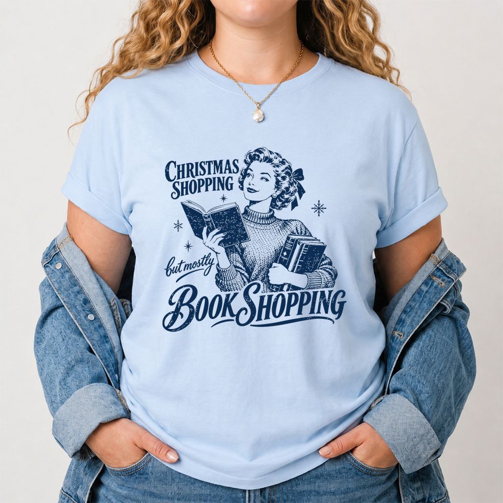 Christmas Shopping But Mostly Book Shopping Printed T-Shirt | Reader Gift Light Blue