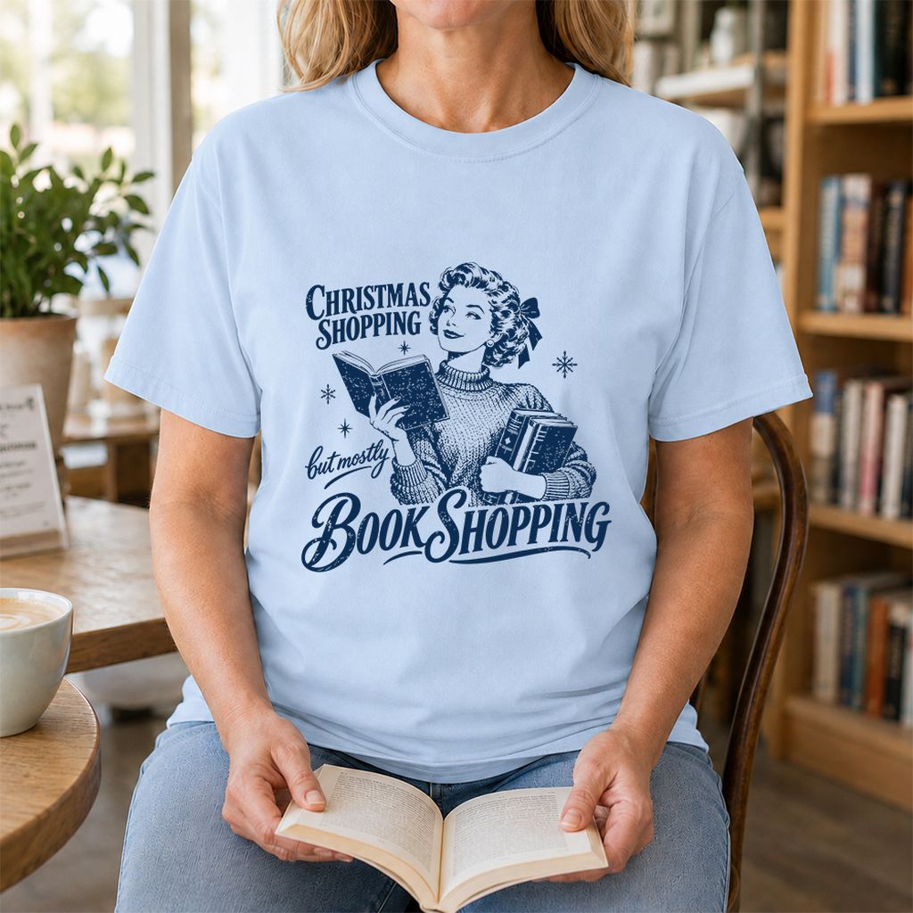 Christmas Shopping But Mostly Book Shopping Printed T-Shirt | Reader Gift Light Blue