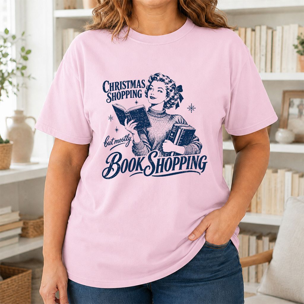 Christmas Shopping But Mostly Book Shopping Printed T-Shirt | Reader Gift Light Pink