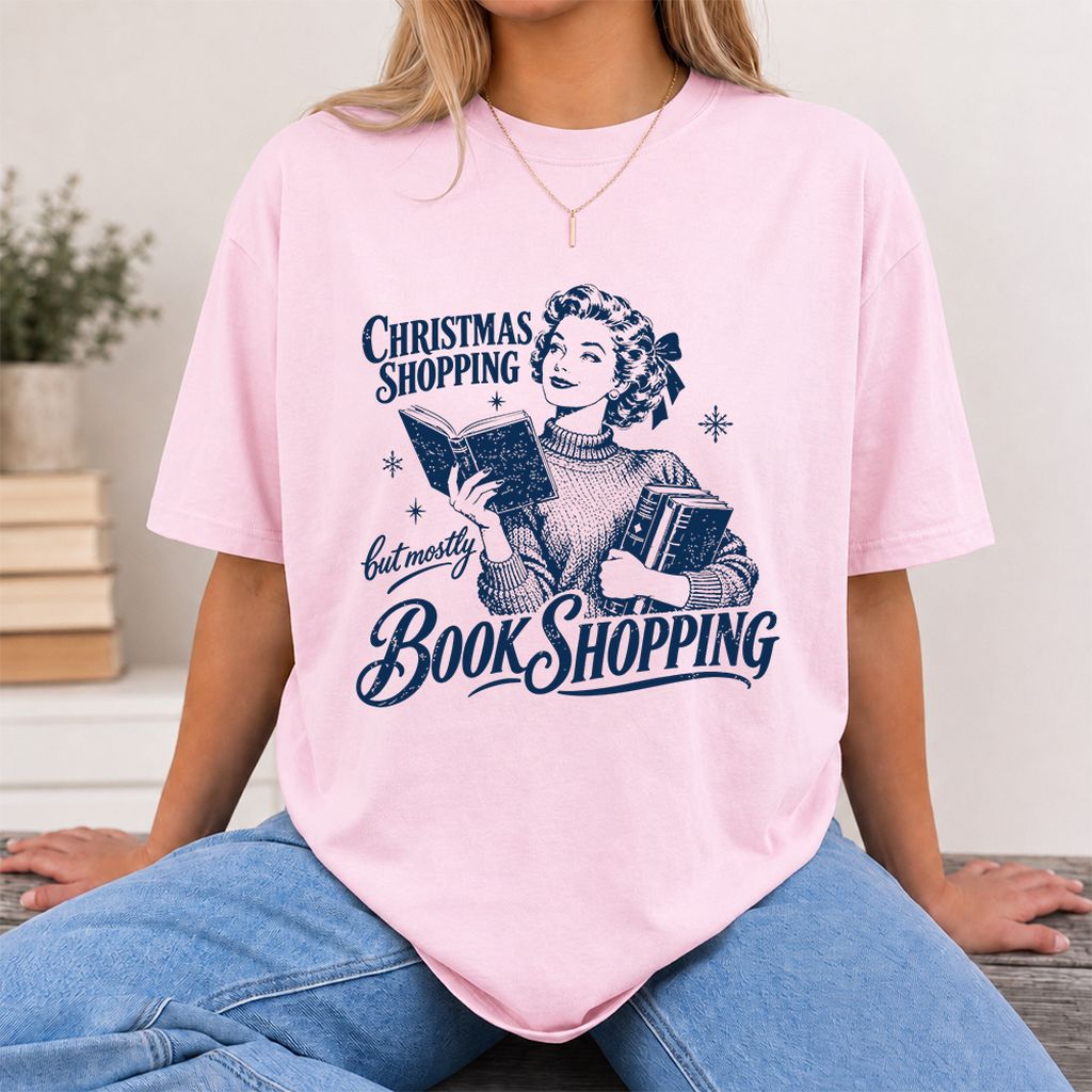 Christmas Shopping But Mostly Book Shopping Printed T-Shirt | Reader Gift Light Pink