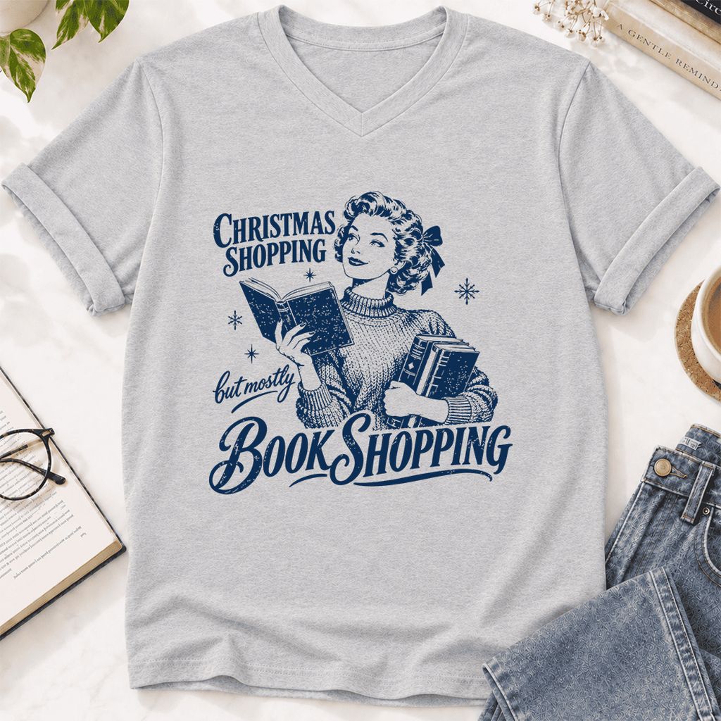 Christmas Shopping But Mostly Book Shopping Ultra-Soft V-Neck | Reader Gift Ash