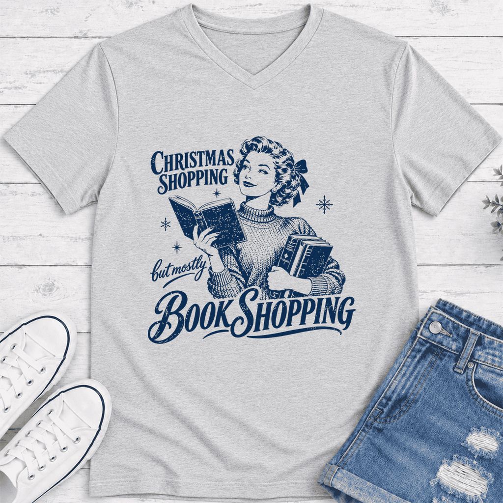 Christmas Shopping But Mostly Book Shopping Ultra-Soft V-Neck | Reader Gift Ash