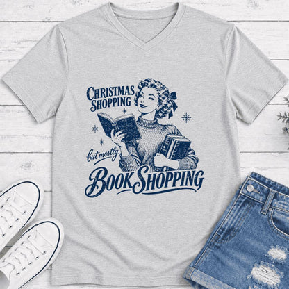 Christmas Shopping But Mostly Book Shopping Ultra-Soft V-Neck | Reader Gift Ash
