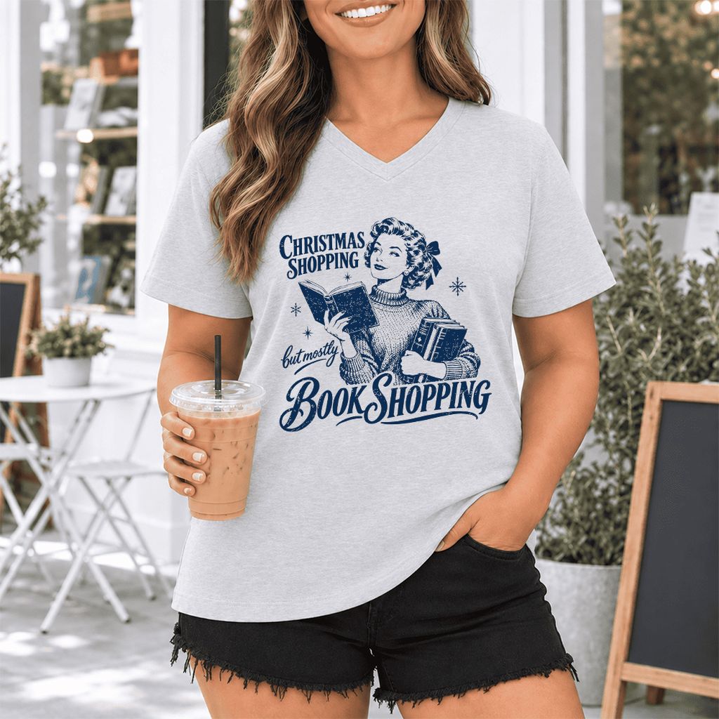Christmas Shopping But Mostly Book Shopping Ultra-Soft V-Neck | Reader Gift Ash