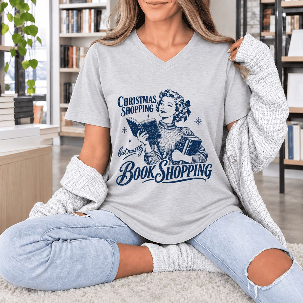 Christmas Shopping But Mostly Book Shopping Ultra-Soft V-Neck | Reader Gift Ash