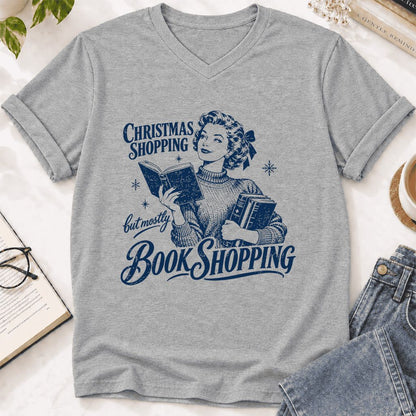 Christmas Shopping But Mostly Book Shopping Ultra-Soft V-Neck | Reader Gift Athletic Heather