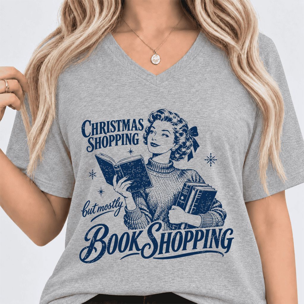 Christmas Shopping But Mostly Book Shopping Ultra-Soft V-Neck | Reader Gift Athletic Heather