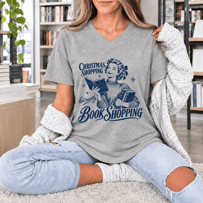 Christmas Shopping But Mostly Book Shopping Ultra-Soft V-Neck | Reader Gift Athletic Heather