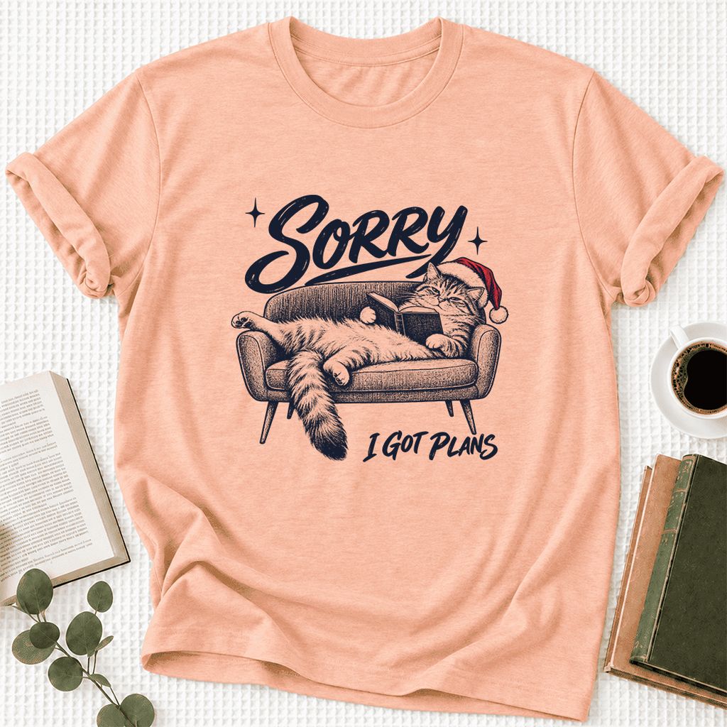 Sorry I Got Plans Ultra-Soft Cotton T-Shirt | Christmas Reader Gift Heather Peach