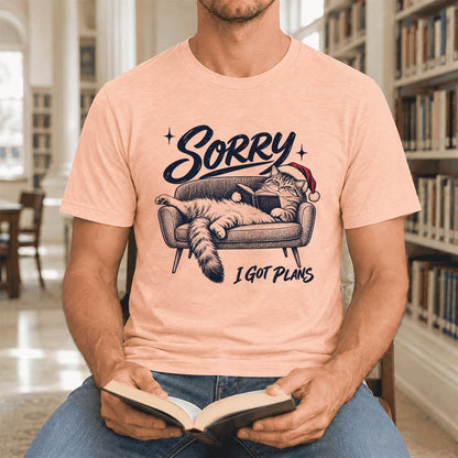 Sorry I Got Plans Ultra-Soft Cotton T-Shirt | Christmas Reader Gift Heather Peach