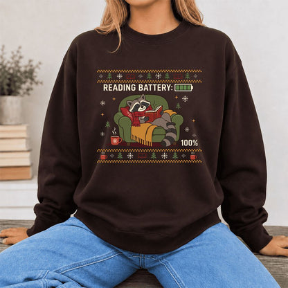 Reading Battery: 100% Raccoon Printed Sweatshirt | Christmas Reader Gift Dark Chocolate