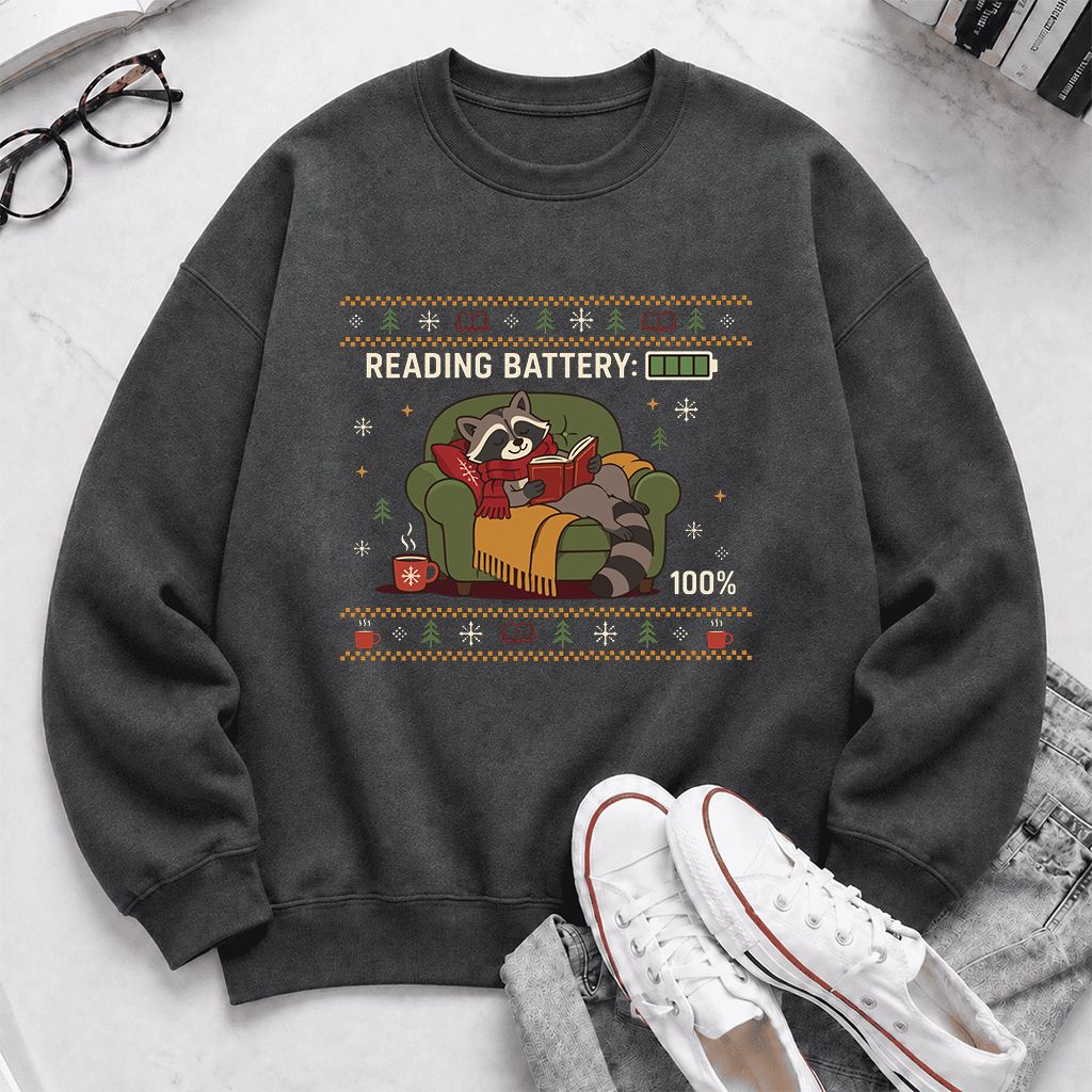 Reading Battery: 100% Raccoon Printed Sweatshirt | Christmas Reader Gift Dark Heather