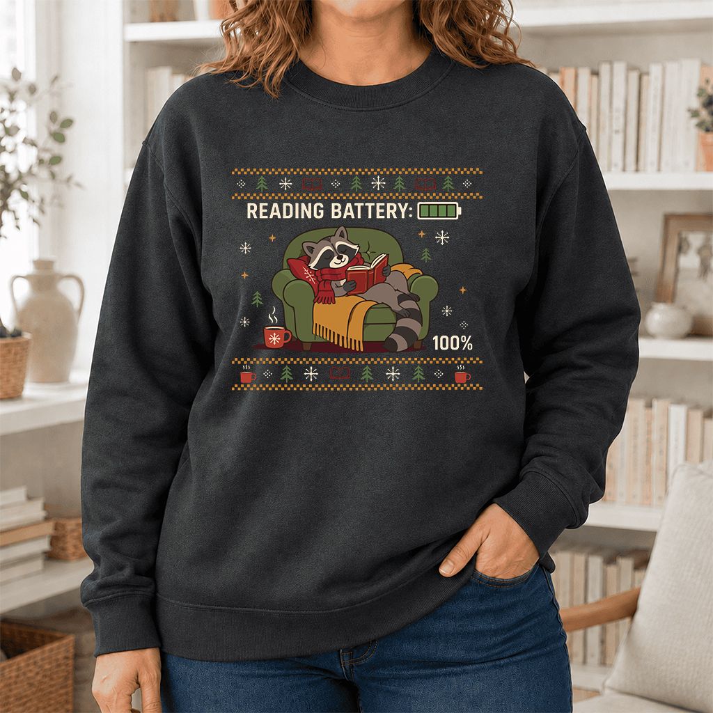 Reading Battery: 100% Raccoon Printed Sweatshirt | Christmas Reader Gift Dark Heather