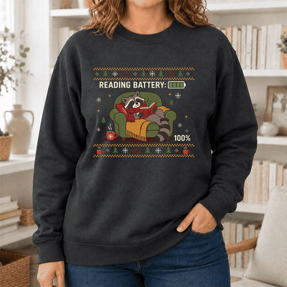 Reading Battery: 100% Raccoon Printed Sweatshirt | Christmas Reader Gift Dark Heather