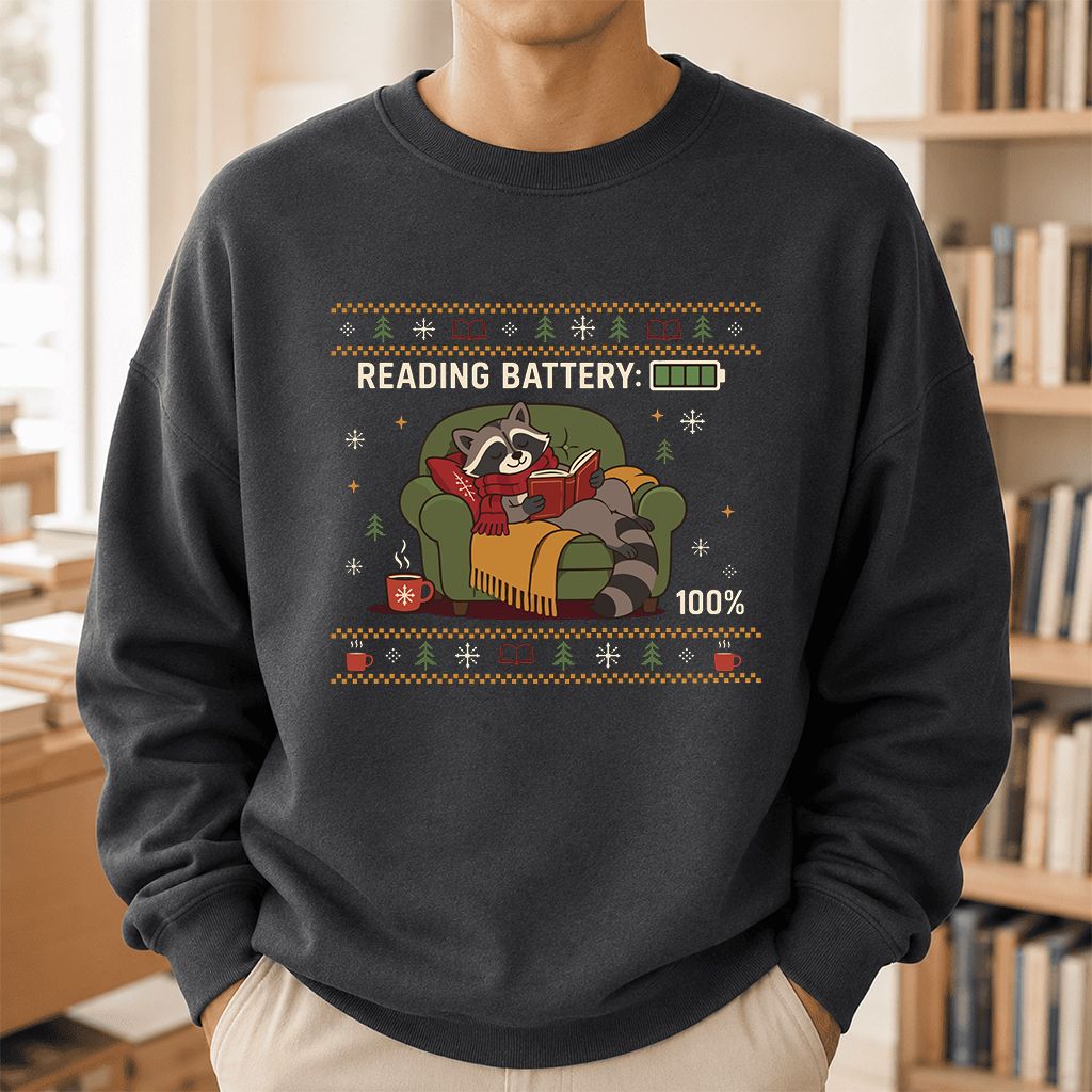 Reading Battery: 100% Raccoon Printed Sweatshirt | Christmas Reader Gift Dark Heather