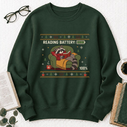 Reading Battery: 100% Raccoon Printed Sweatshirt | Christmas Reader Gift Forest Green