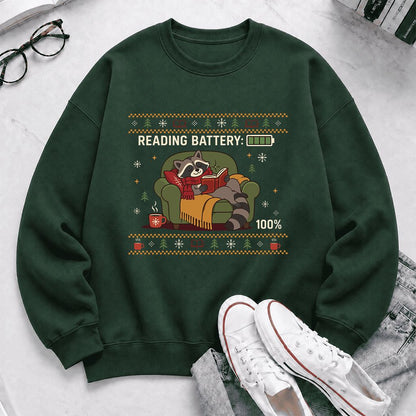 Reading Battery: 100% Raccoon Printed Sweatshirt | Christmas Reader Gift Forest Green